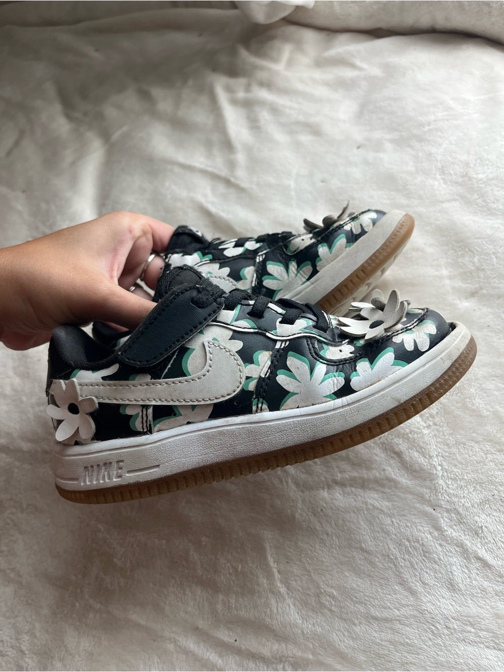 Nike Kids Black Floral Velcro Sneakers with White Swoosh